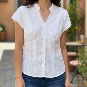 FADED GLORY Vintage Women’s Vertical Stripe Short Sleeve Blouse with Lace Accent